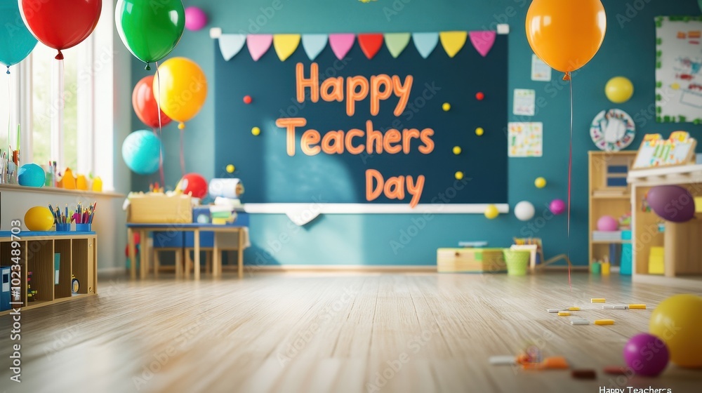 A vibrant classroom is adorned with balloons and a heartfelt message celebrating Teachers Day A vibrant classroom is adorned with balloons and a heartfelt message celebrating Teachers Day