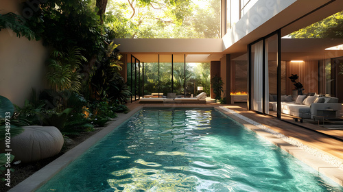 Modern Home with Pool and Tropical Garden 3D Illustration