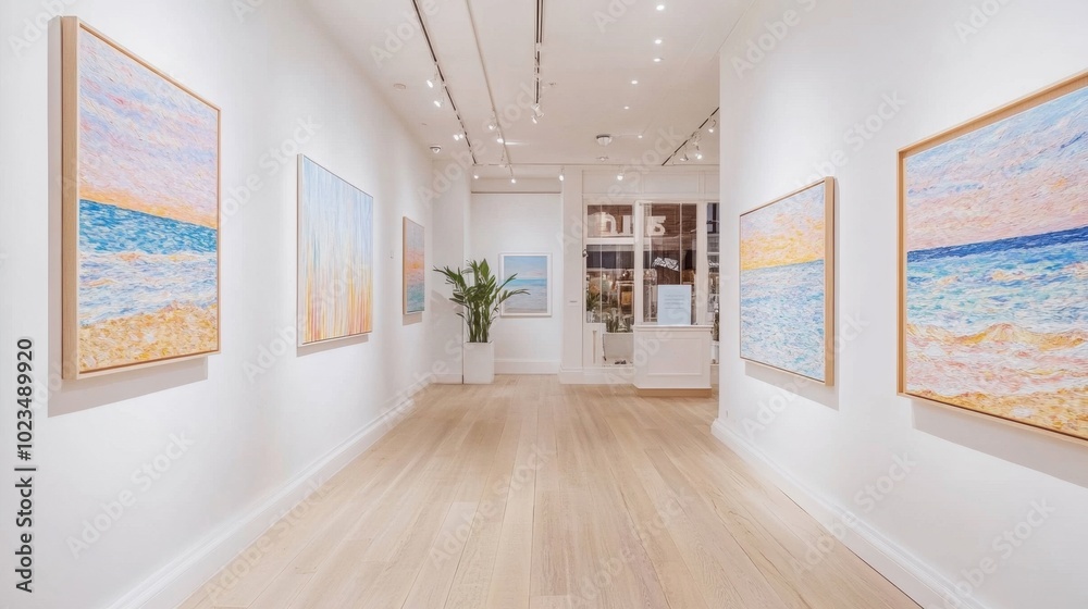 Fototapeta premium Minimalist art gallery with white walls and beautiful, colorful paintings that stand out under soft lighting.