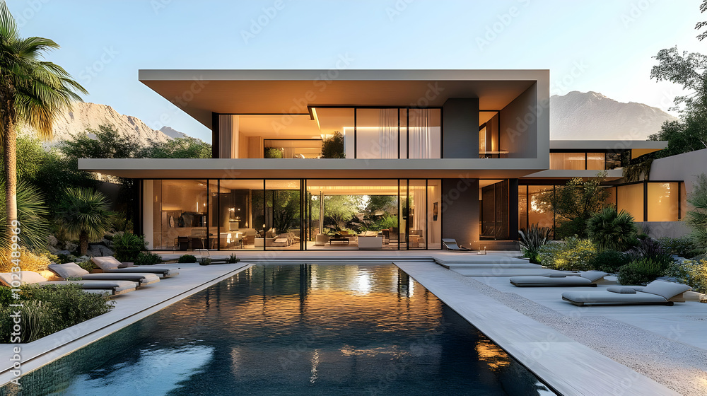 Fototapeta premium Modern Luxury House with Swimming Pool 3D Illustration