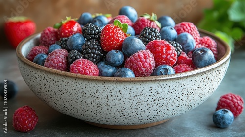 A vibrant bowl filled with a colorful assortment of fresh berries, including blueberries, raspberries, strawberries, and blackberries.