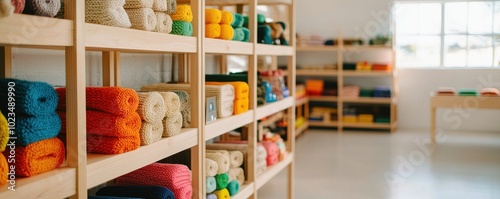 Colorful yarn rolls neatly arranged on shelves in a bright craft room.