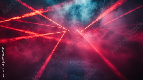 A dynamic scene featuring red laser beams cutting through a smoky atmosphere, creating an intriguing light display.