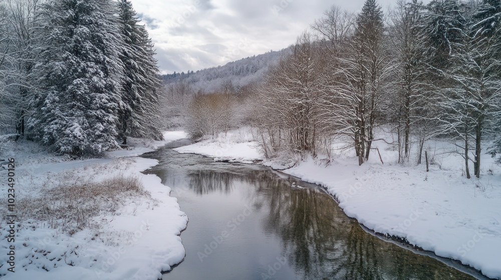 Snow-Covered Forest with Winding River and Cloudy Sky Snow-Covered Forest with Winding River and Cloudy Sky