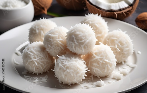 White coconut truffles, plate of dessert balls, rustic wooden table, soft lighting