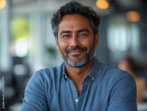 confident indian businessman smiling, gazing away with a sense of pride in a modern office setting, showcasing professionalism and success against a bright and inspiring backdrop