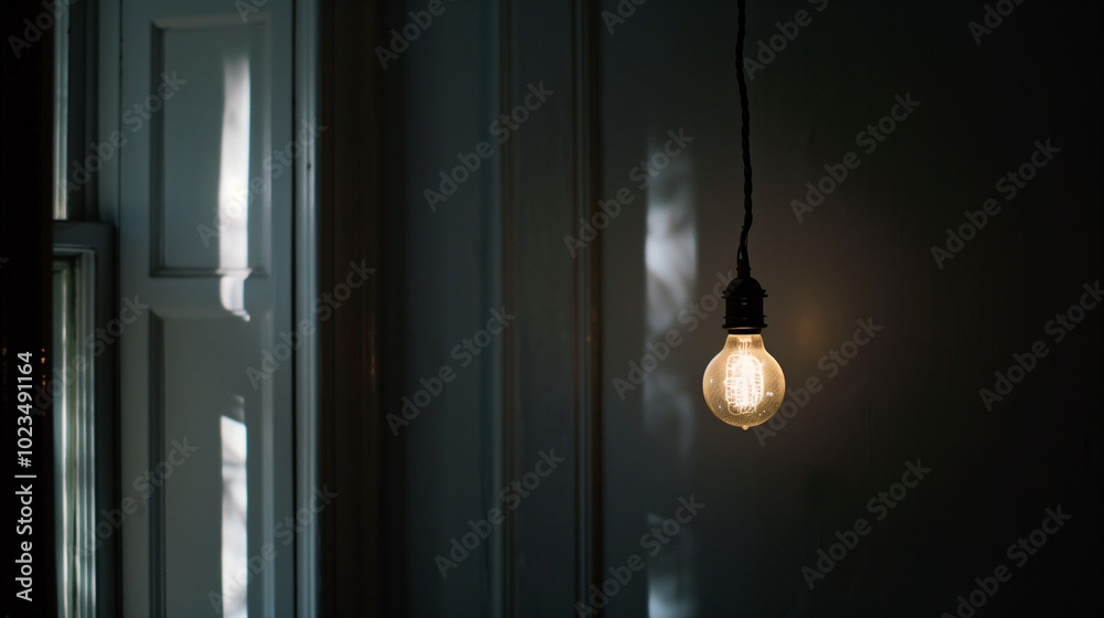 Dark empty room with single flickering light bulb casting long shadows, emphasizing absence of power and eerie atmosphere, minimalist setting with focus on light bulb's glow.