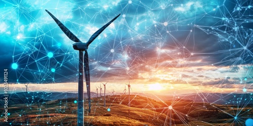 A futuristic wind farm under a cloudy sky, where cutting-edge turbines equipped with AI-driven sensors monitor wind speeds, symbolizing the future of green energy innovation and sustainability photo