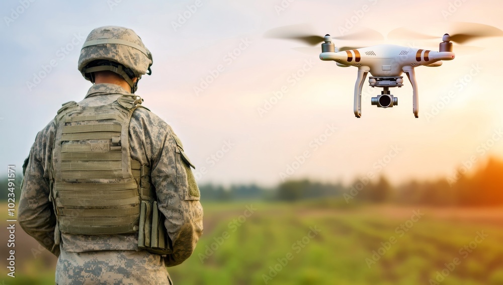 Soldier in Full Gear Walking Through the Field with Drone Flying Above Capturing Aerial View of Combat Soldier in Full Gear Walking Through the Field with Drone Flying Above Capturing Aerial View of Combat