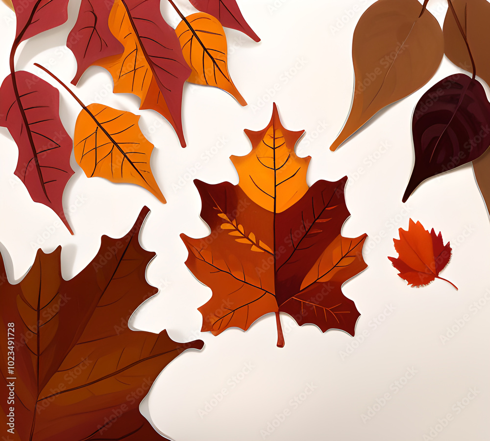 Fototapeta premium Colorful autumn maple leaves scattered on the ground clipart illustration of traditional autumn leaves for postcards.generative ai