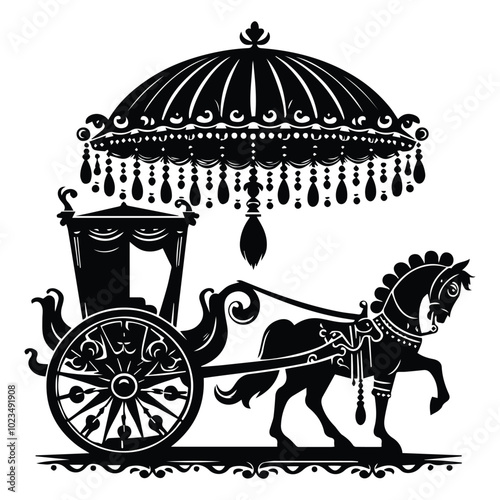 A monochrome illustration showcasing a traditional horse-drawn carriage, emphasizing its elegant design