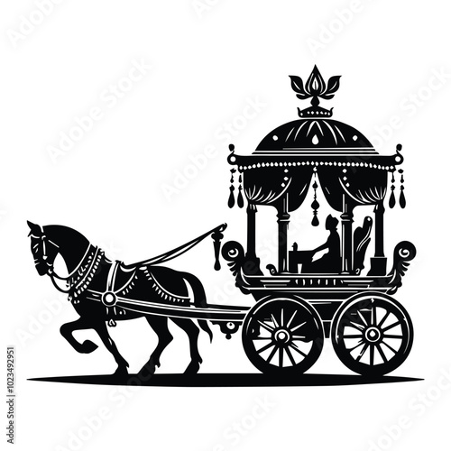 A monochrome illustration showcasing a traditional horse-drawn carriage, emphasizing its elegant design