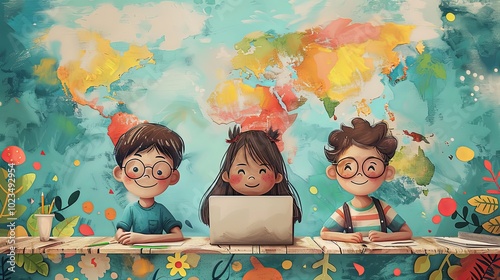 language learning banner background, learn foreign language online, speak fluently in international languages. poster, booklet, brochure, flyer, ad for children kids teen teenager school lesson class