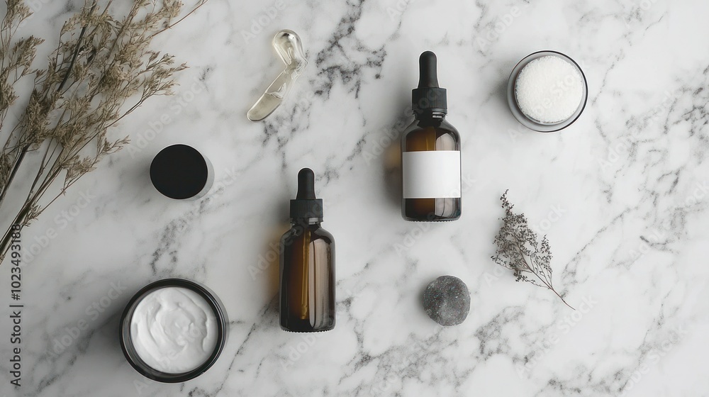 Minimalist Beauty Product Display on Marble Surface