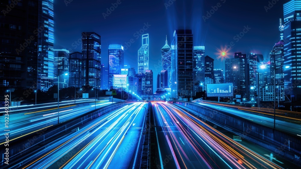 Fototapeta premium Night Cityscape with Light Trails and Modern Architecture