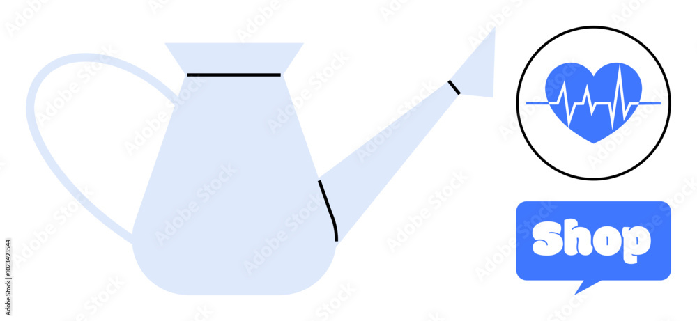Watering can with a heartbeat symbol and a shop sign in speech bubble. Ideal for gardening, health, shopping, wellness, and e-commerce. Simple and modern style in blue and white colours Watering can with a heartbeat symbol and a shop sign in speech bubble. Ideal for gardening, health, shopping, wellness, and e-commerce. Simple and modern style in blue and white colours