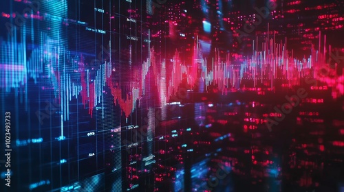 On a digital screen, a double exposure shows both an economic recession with falling red graph lines and an economic boom with rising green graph lines.