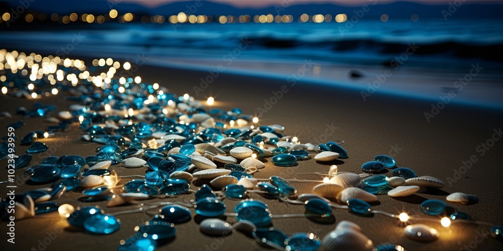 Obraz premium A String of Lights Illuminates Seashells and Glass Stones Scattered on the Sandy Beach at Night