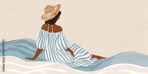 A woman in a blue and white striped dress sitting on ocean waves. Stylish flat design illustration of a relaxed summer scene, with the woman wearing a hat, surrounded by sea water and sunlight.