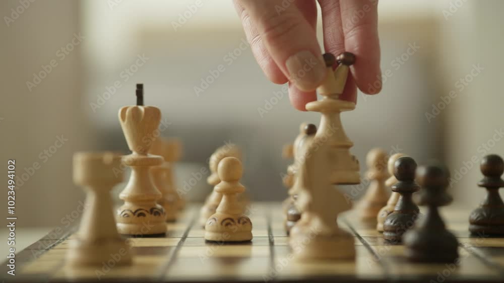 Hand moving queen chess piece in game