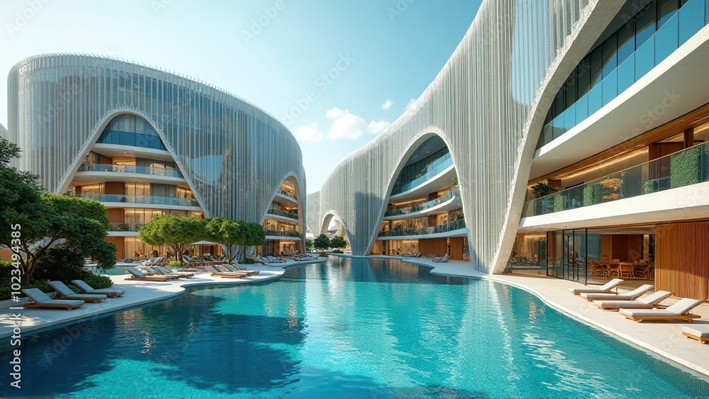 Modern Luxury Resort with Swimming Pool and Lush Greenery. Modern Luxury Resort with Swimming Pool and Lush Greenery.