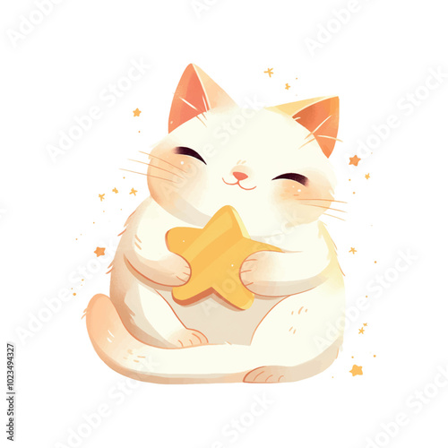 A cute cat is holding a star in its mouth. The cat is smiling and he is happy. The image has a playful and whimsical mood, as it features a cat and a star, which are both symbols of innocence