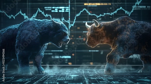 A digital representation of a bear and a bull facing off, symbolizing market trends in finance. photo