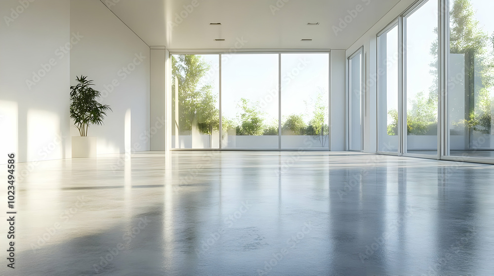 Obraz premium Empty Room with Large Windows and Reflections - 3D Illustration