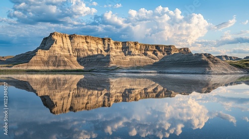 Still water reflecting the intricate ridges of the badlands, forming a perfect symmetrical illusion under a cloud-speckled sky