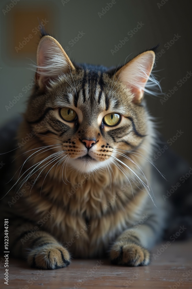 Majestic tabby cat relaxing indoors with golden eyes illuminated by soft natural light Majestic tabby cat relaxing indoors with golden eyes illuminated by soft natural light