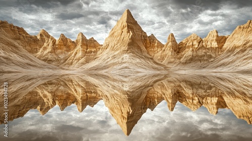 Still water reflecting the intricate ridges of the badlands, forming a perfect symmetrical illusion under a cloud-speckled sky