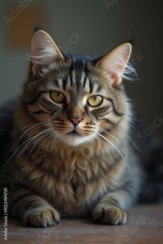 Majestic tabby cat relaxing indoors with golden eyes illuminated by soft natural light
