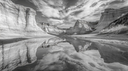 Still water reflecting the intricate ridges of the badlands, forming a perfect symmetrical illusion under a cloud-speckled sky