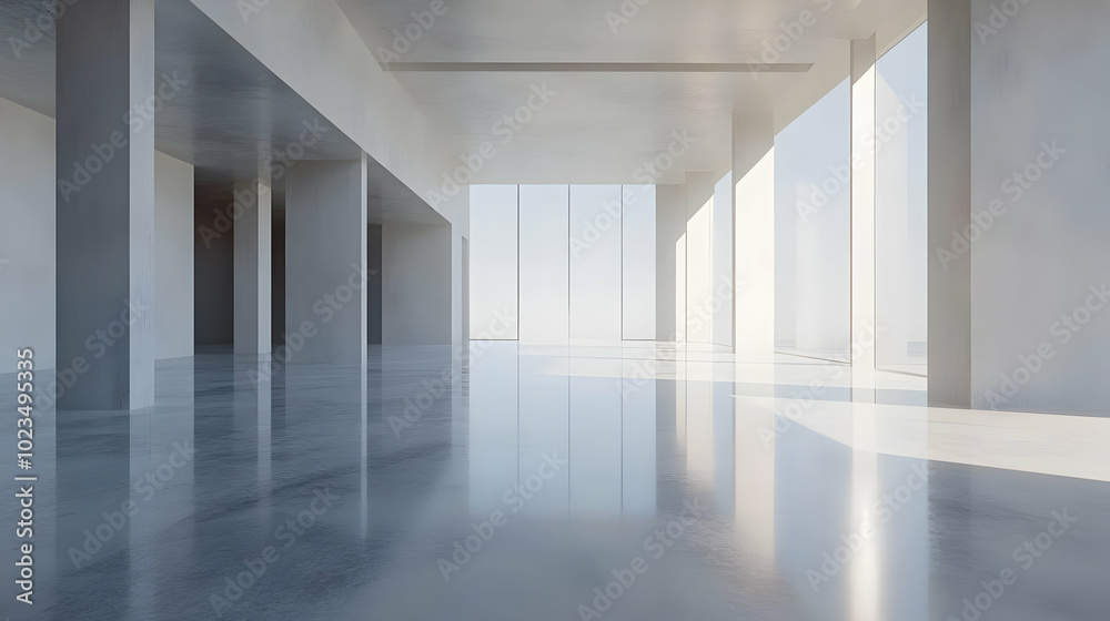 Modern Minimalist Interior 3D Rendering: White Walls, Glass Windows, and Glossy Floor Modern Minimalist Interior 3D Rendering: White Walls, Glass Windows, and Glossy Floor
