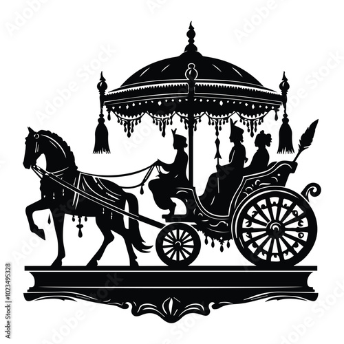 A monochrome illustration showcasing a traditional horse-drawn carriage, emphasizing its elegant design