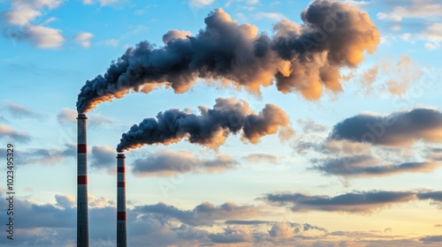 Thick black smoke pours from industrial chimneys, polluting the air and darkening the sky