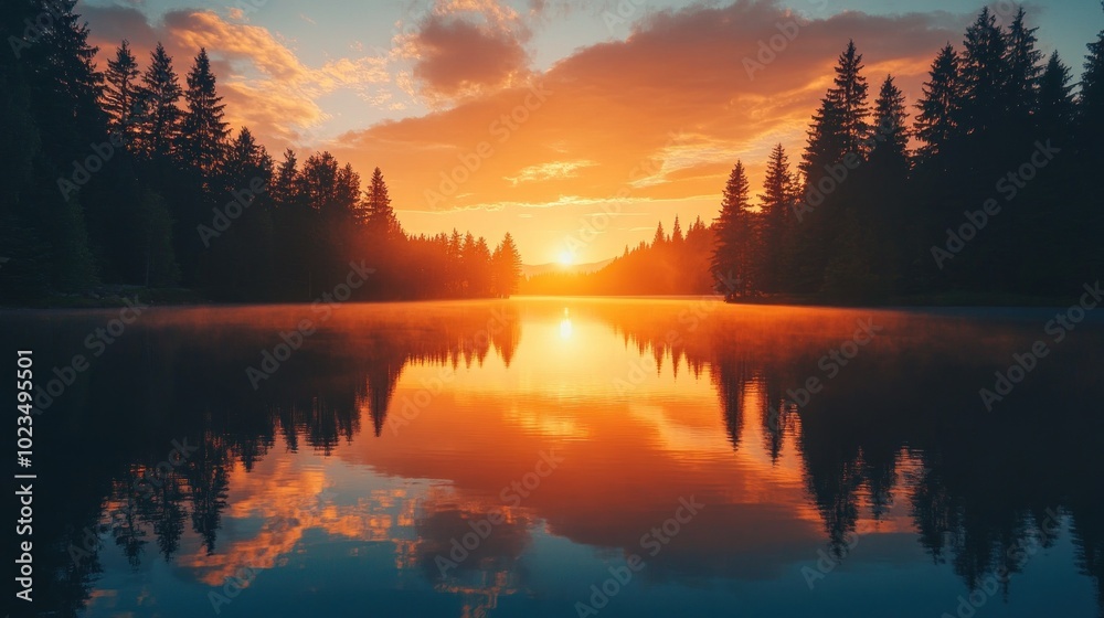 Silhouetted Forest Reflecting in a Misty Lake at Sunset Silhouetted Forest Reflecting in a Misty Lake at Sunset
