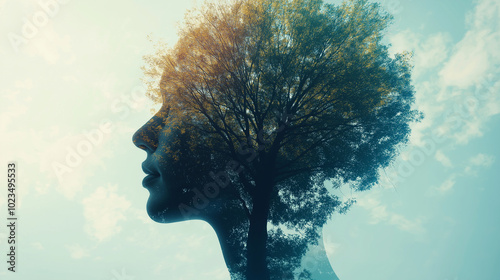 A tree growing inside a person�s mind, with branches representing thoughts and emotional balance, with copy space, World Mental Health Day
