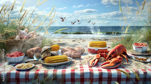 Coastal Delights Vibrant New England Clam Bake with Fresh Lobsters Clams and Corn on the Cob photo