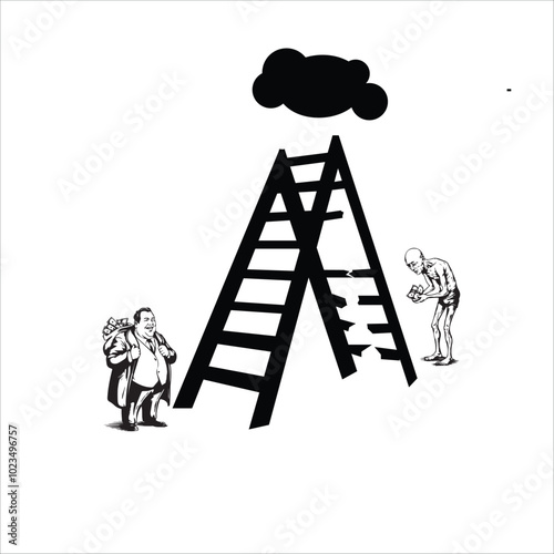 Broken Ladder - A ladder with several rungs missing or damaged on one side, symbolizing unequal opportunities and systemic barriers, with the other side perfectly intact and accessible

