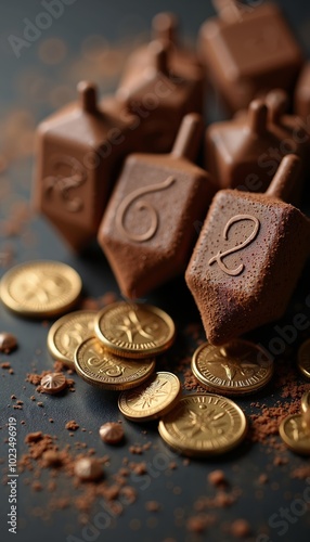 Delicious Jewish sweets including dreidels and chocolate coins for a festive celebration photo