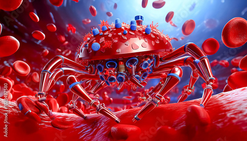 Concept of medical futurism technological nanorobots in the blood artery in the blood flow and antibodies and leukocytes produce medical procedures