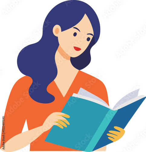 A vector illustration of a woman reading a book, symbolizing education, knowledge, and learning.