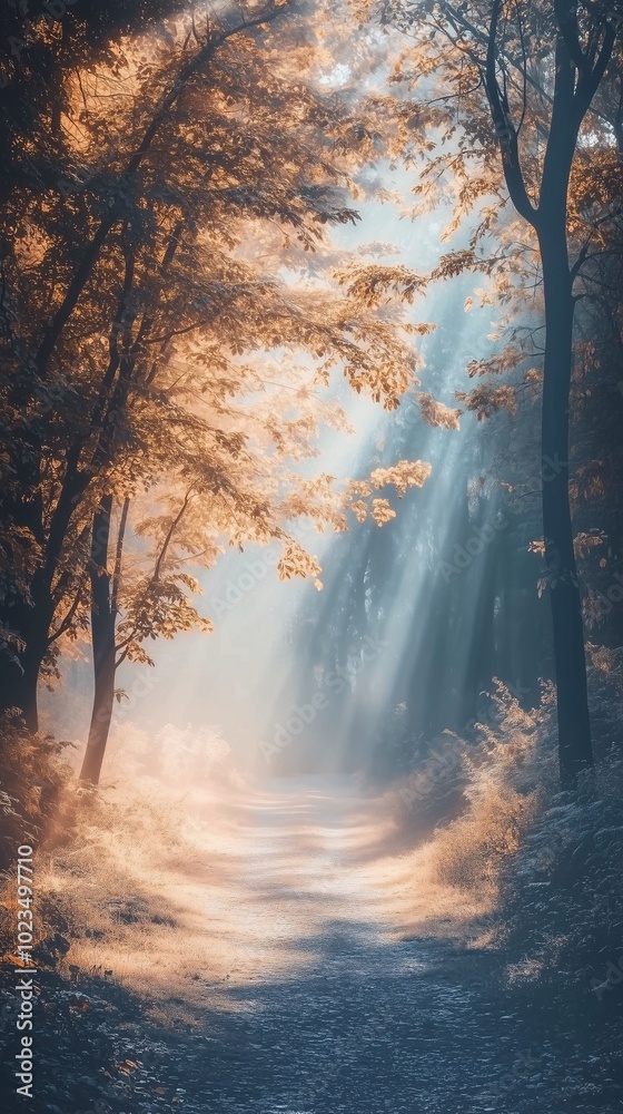 Naklejka premium Dreamy Forest Path with Sunlight Rays and Soft Mist