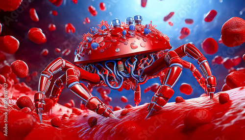 Concept of medical futurism technological nanorobots in the blood artery in the blood flow and antibodies and leukocytes produce medical procedures photo