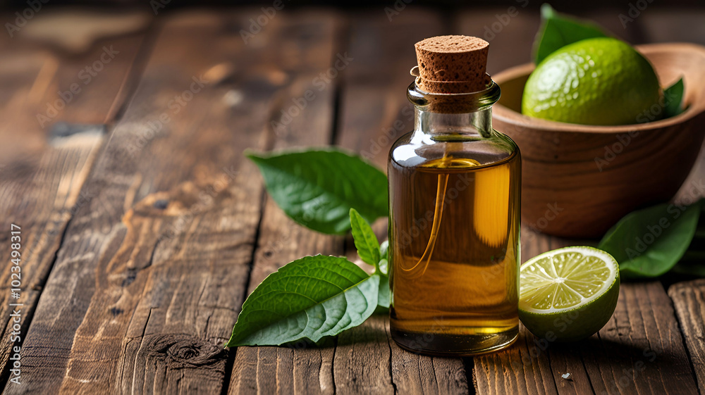 Bottle of bergamot essential oil standing on a rustic wooden surface surrounded by fresh bergamot fruit and leaves Bottle of bergamot essential oil standing on a rustic wooden surface surrounded by fresh bergamot fruit and leaves