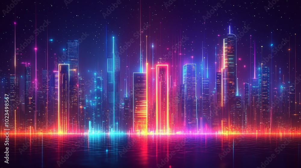 A futuristic cityscape with glowing neon skyscrapers reflected in water with starry night sky background.