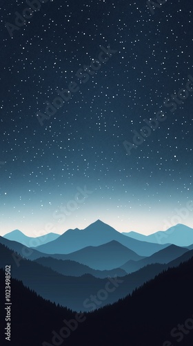 Minimalist Mountain Landscape Under Starry Night Sky