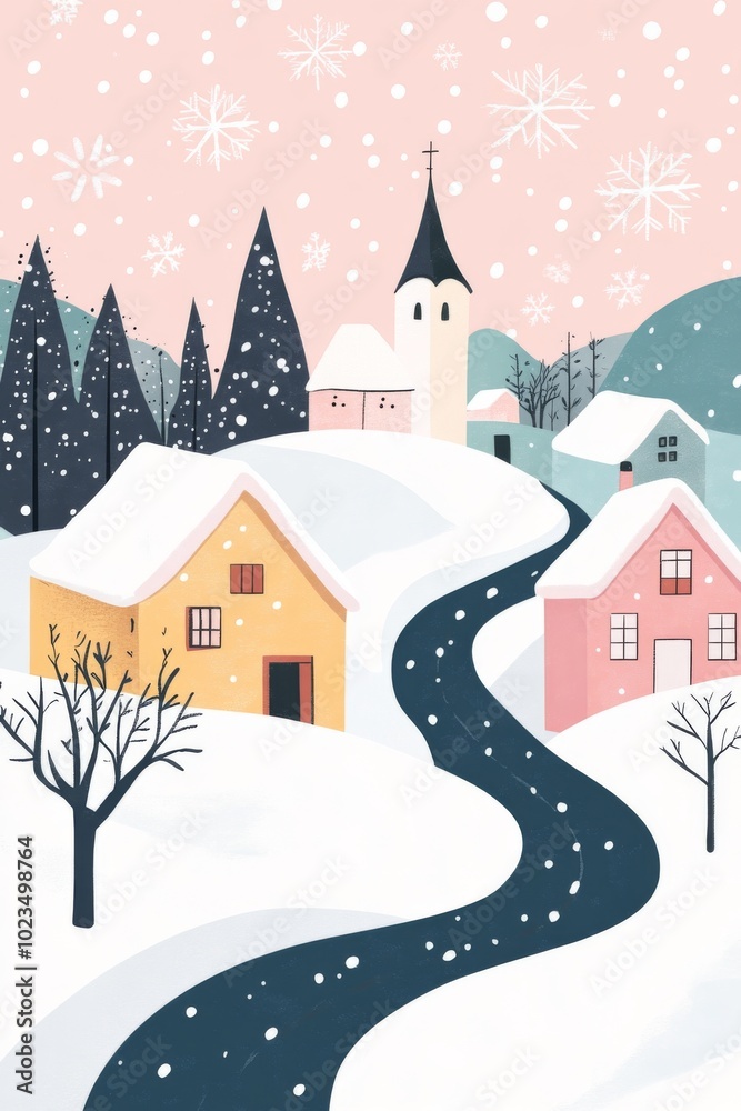 Beautiful Christmas village with cute houses in the snow, a road ...