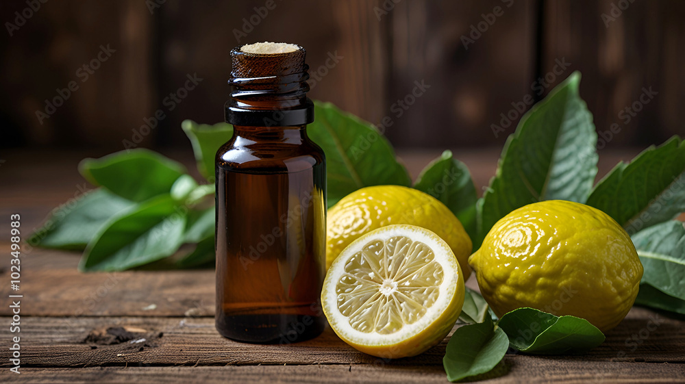 Bottle of bergamot essential oil standing on a rustic wooden surface surrounded by fresh bergamot fruit and leaves Bottle of bergamot essential oil standing on a rustic wooden surface surrounded by fresh bergamot fruit and leaves